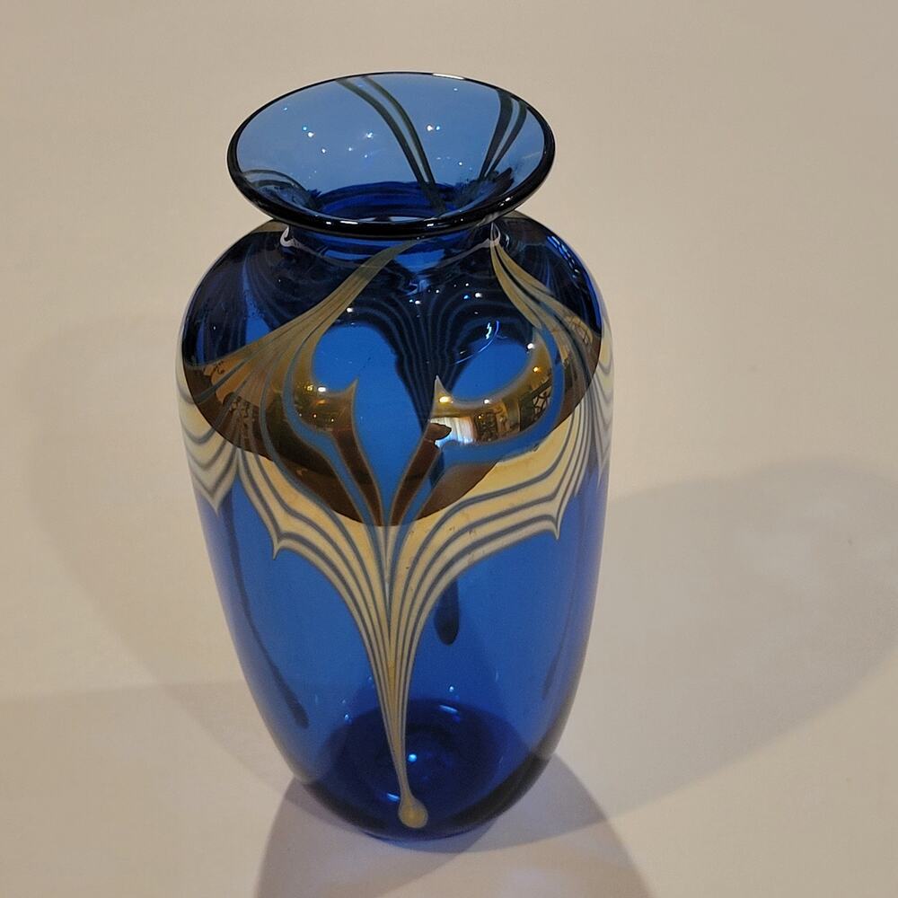 Vintage Donald Carlson Studio Art Glass Vase Cobalt Blue Gold 7" tall